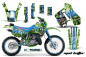 Preview: Mad Hatter Hintergrund = Grün, Designfarbe = Blau mit Nummernfeldern für Kawasaki KDX200 1989-1994