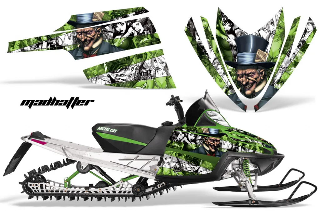 Mad Hatter Hintergrund = Grün, Designfarbe = Weiß für Arctic Cat M Series/Crossfire Schneemobil 2007-2011