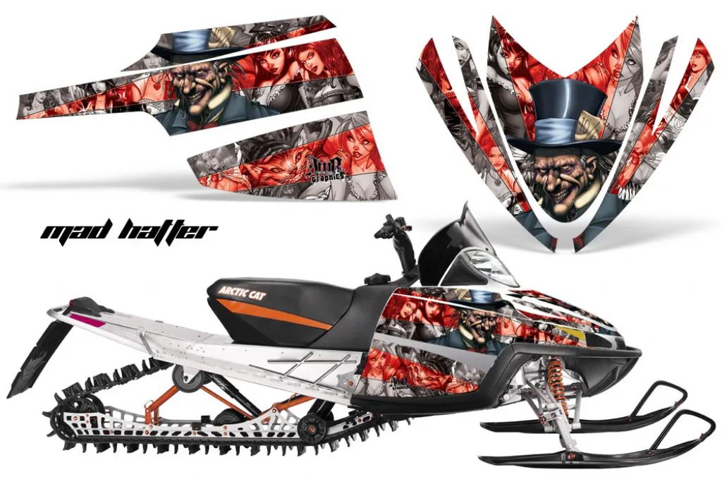 Mad Hatter Hintergrund = Silber, Designfarbe = Rot für Arctic Cat M Series/Crossfire Schneemobil 2007-2011