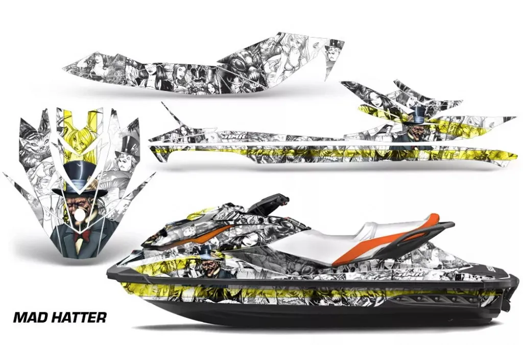 Mad Hatter Hintergrund = Weiß, Designfarbe = Gelb für CAN-AM Sea Doo GTI/GTR/GTS HD Sitdown 2011-2019