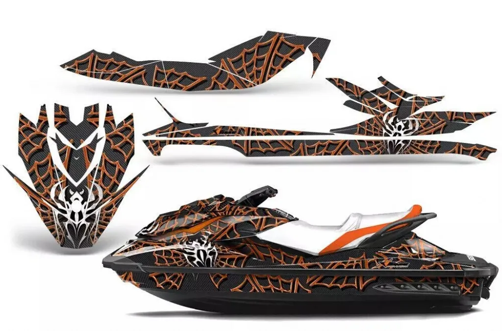 Widow Maker Hintergrund = Schwarz, Designfarbe = Orange für CAN-AM Sea Doo GTI/GTR/GTS HD Sitdown 2011-2019