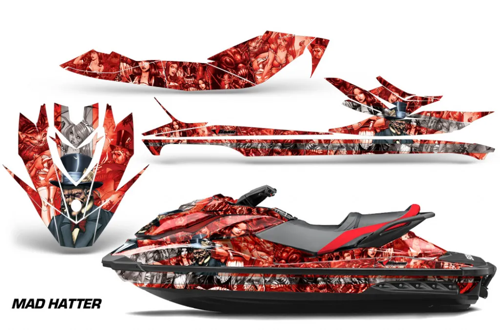Mad Hatter Hintergrund = Rot, Designfarbe = Silber für CAN-AM Sea Doo GTI/GTR/GTS HD Sitdown 2011-2019
