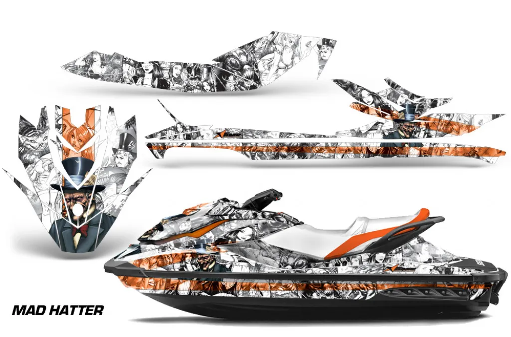 Mad Hatter Hintergrund = Weiß, Designfarbe = Orange für CAN-AM Sea Doo GTI/GTR/GTS HD Sitdown 2011-2019