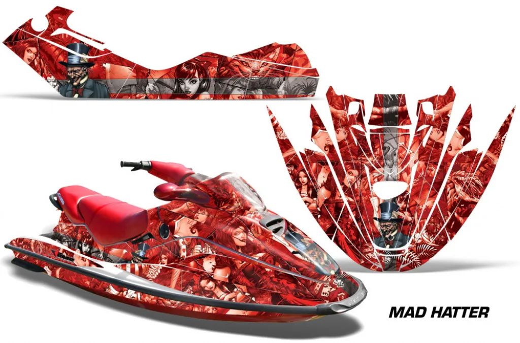 Mad Hatter Hintergrund = Rot, Designfarbe = Silber für CAN-AM Sea Doo GTX Siege Avant Sitdown 1996-1999