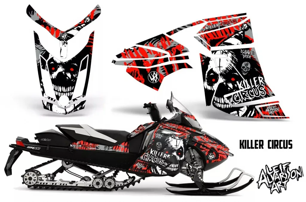 Killer Circus Hintergrund = Silber, Designfarbe = Rot für CAN-AM Ski Doo Rev XR/GSX/MXZ Sled 2009-2015