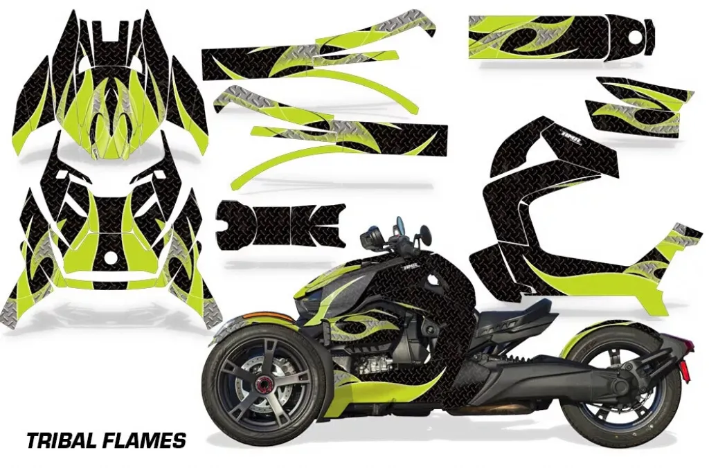 Tribal Flames Hintergrund = Schwarz, Designfarbe = Lime Grün für CAN-AM Ryker Rally up 2022+
