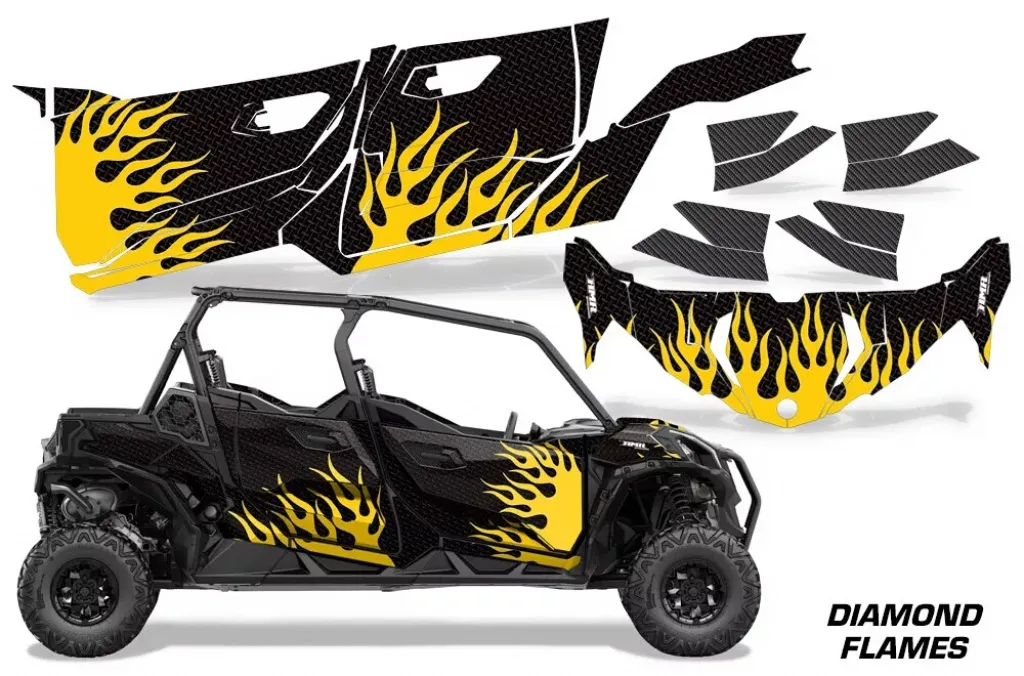 Diamond Flames Hintergrund = Schwarz, Designfarbe = Gelb für CAN-AM BRP Maverick Sport MAX 4 Türer ab 2019+