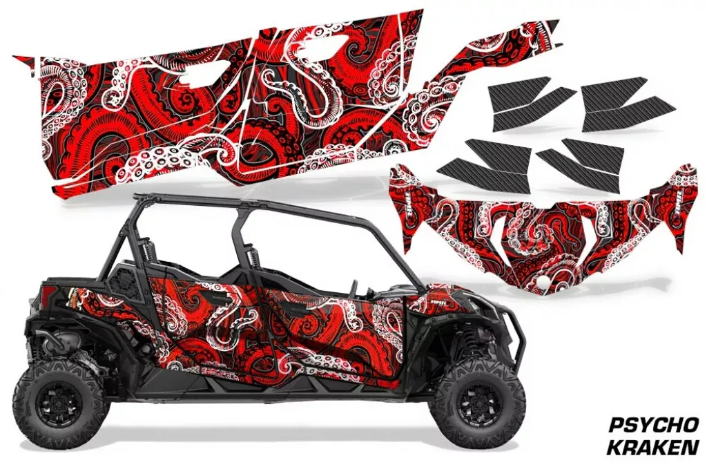 Psycho Kraken Hintergrund = Schwarz, Designfarbe = Rot für CAN-AM BRP Maverick Sport MAX 4 Türer ab 2019+