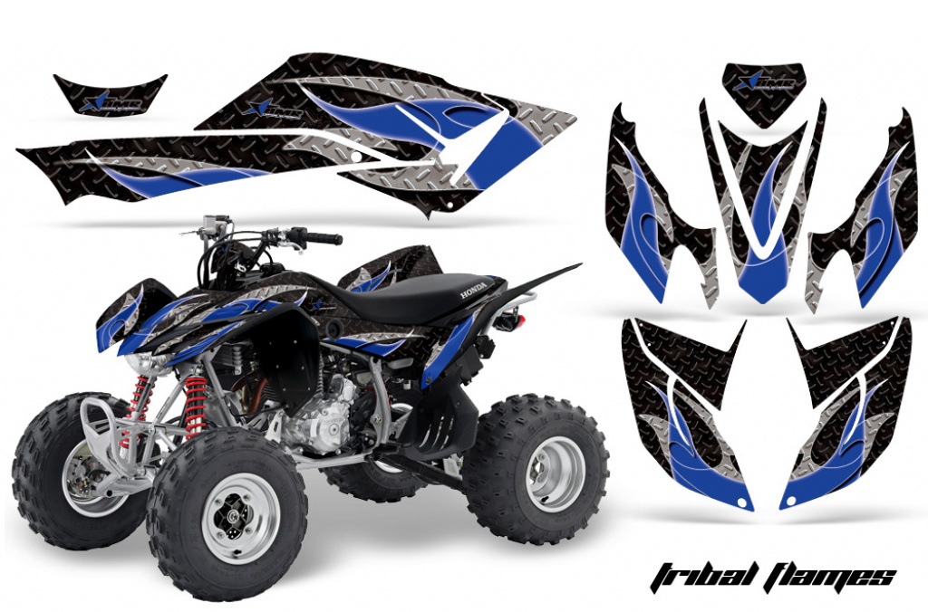Tribal Flame Background = Black, Design color = Blue for Honda TRX 400EX 2008-2016