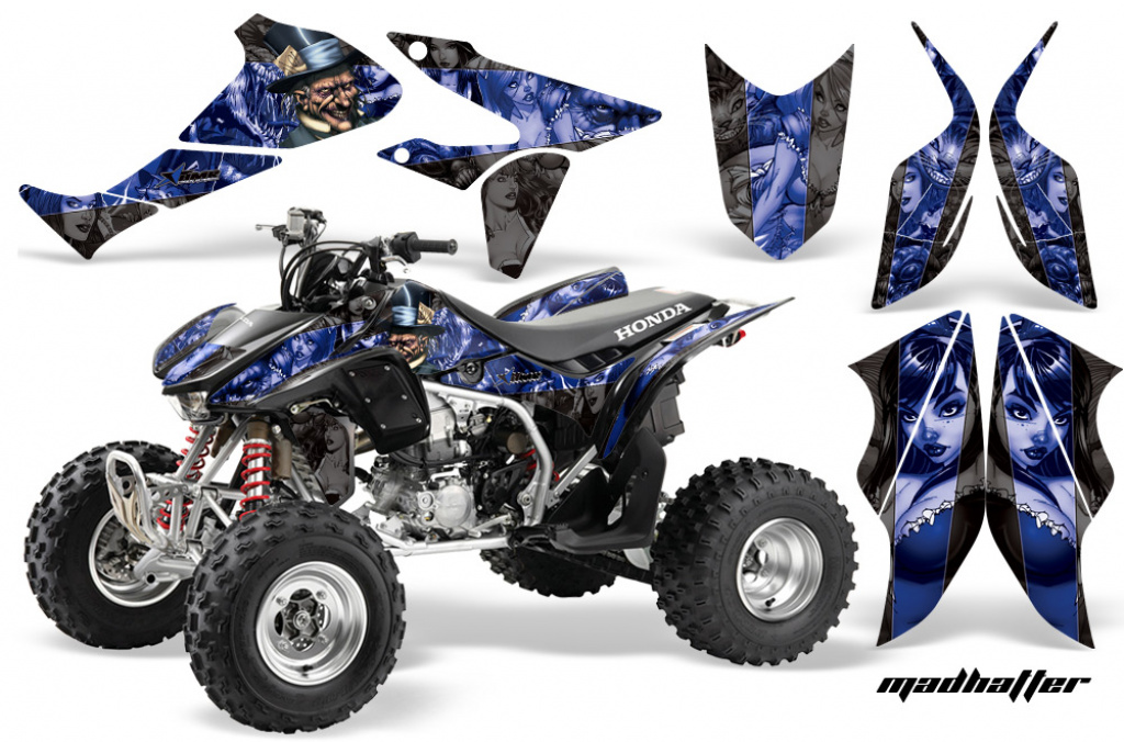 Mad Hatter Background = Black, Design color = Blue for Honda TRX 450R 2004-2016