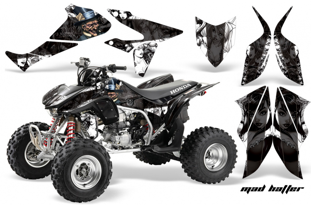 Mad Hatter Background = White, Design color = Black for Honda TRX 450R 2004-2016
