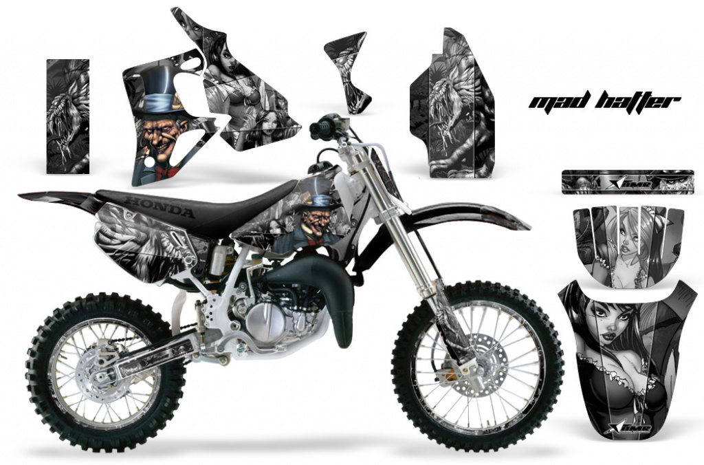 Mad Hatter Hintergrund = Schwarz, Designfarbe = Silber mit Nummernfeldern für Honda CR80 1996-2002