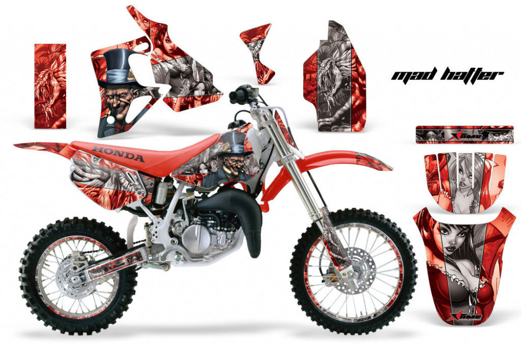 Mad Hatter Hintergrund = Rot, Designfarbe = Silber mit Nummernfeldern für Honda CR80 1996-2002