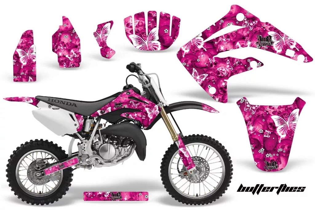 Butterfly Hintergrund = Pink, Designfarbe = Weiß ohne Nummernfeldern für Honda CR85 2003-2007