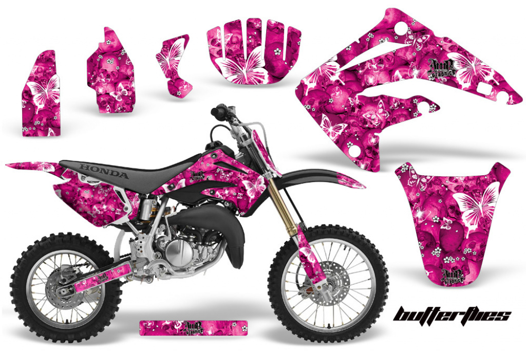 Butterfly Hintergrund = Pink, Designfarbe = Weiß mit Nummernfeldern für Honda CR85 2003-2007