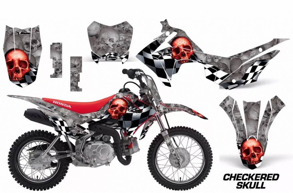 Checkered Skull Hintergrund = Silber, Designfarbe = Rot mit Nummernfeldern für Honda CRF110 F 2013-2018
