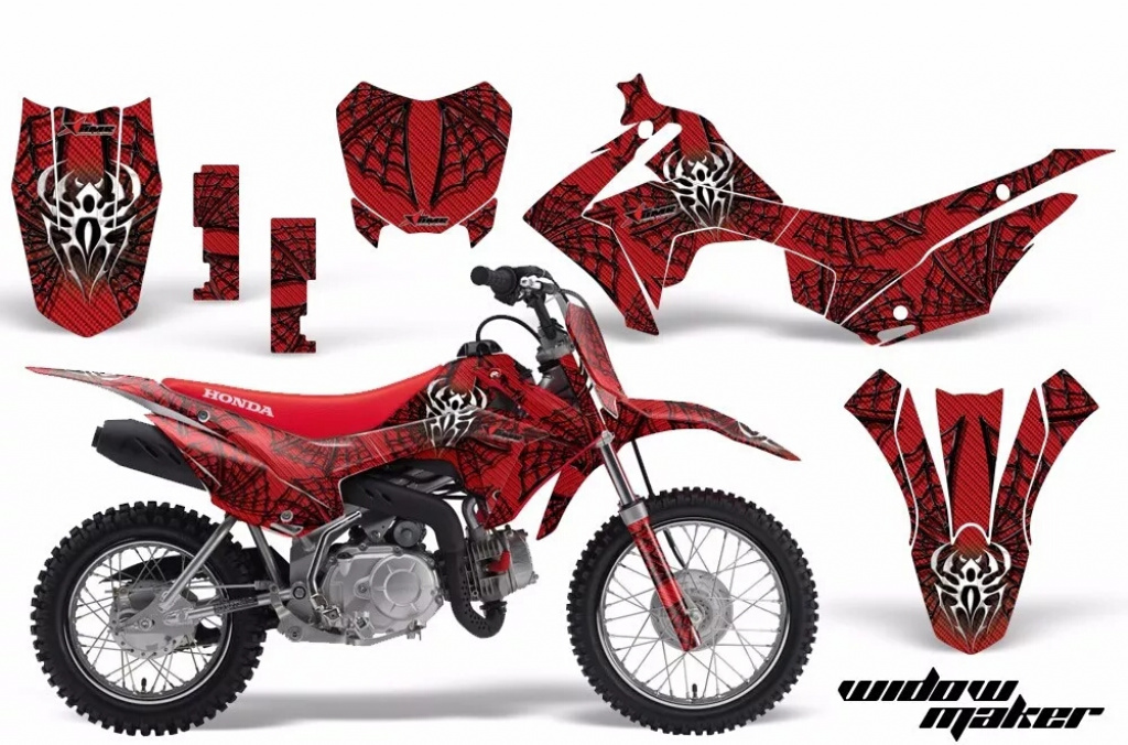 Widow Maker Hintergrund = Rot, Designfarbe = Schwarz mit Nummernfeldern für Honda CRF110 F 2013-2018