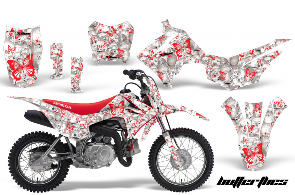 Butterfly Hintergrund = Weiß, Designfarbe = Rot mit Nummernfeldern für Honda CRF110 F 2013-2018