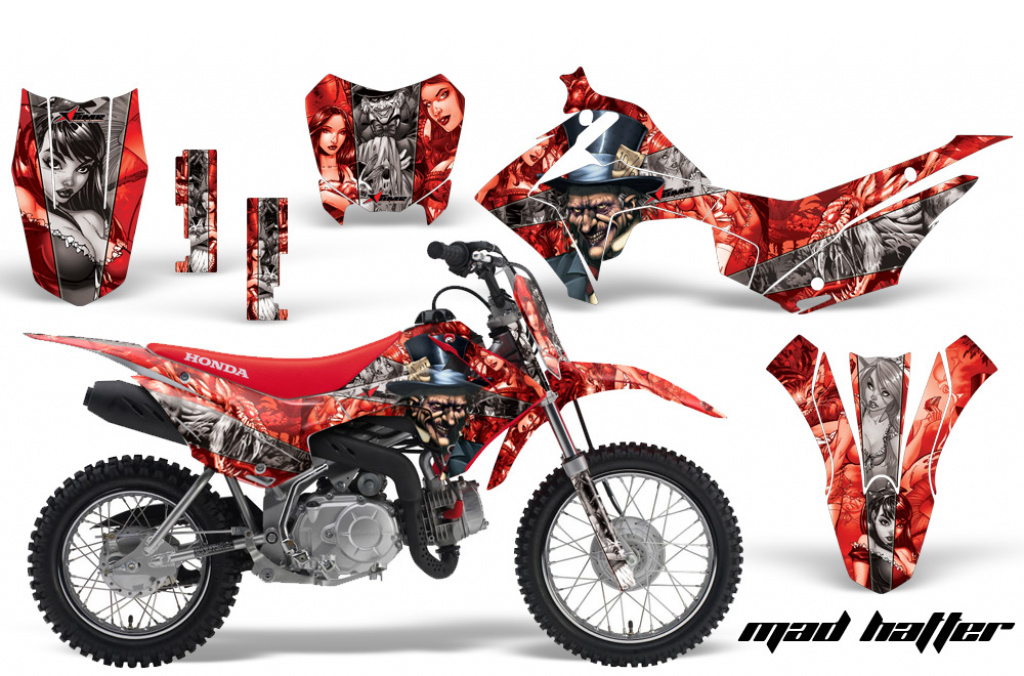 Mad Hatter Hintergrund = Rot, Designfarbe = Silber mit Nummernfeldern für Honda CRF110 F 2013-2018
