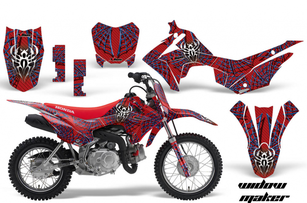 Widow Maker Hintergrund = Rot, Designfarbe = Blau mit Nummernfeldern für Honda CRF110 F 2013-2018