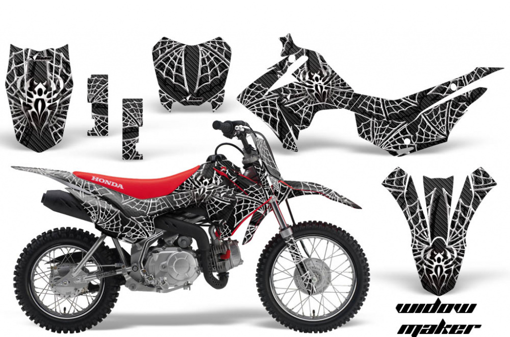 Widow Maker Hintergrund = Schwarz, Designfarbe = Weiß mit Nummernfeldern für Honda CRF110 F 2013-2018