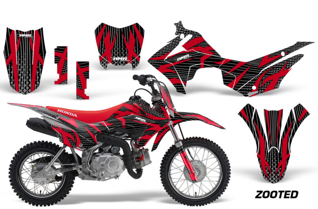 Zooted Hintergrund = Schwarz, Designfarbe = Rot mit Nummernfeldern für Honda CRF110 F 2013-2018