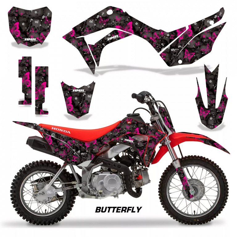 Butterfly Background = Black, Design color = Pink with number plates for Honda CRF110 F 2019-2021
