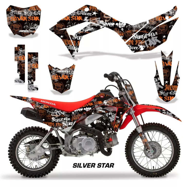 SilverStar - Silverhaze Background = Black, Design color = Orange with number plates for Honda CRF110 F 2019-2021