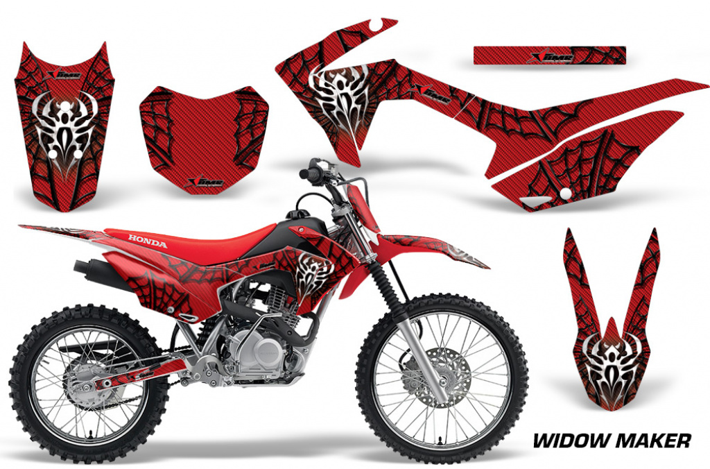 Widow Maker Hintergrund = Rot, Designfarbe = Schwarz mit Nummernfeldern für Honda CRF125 F 2014-2018