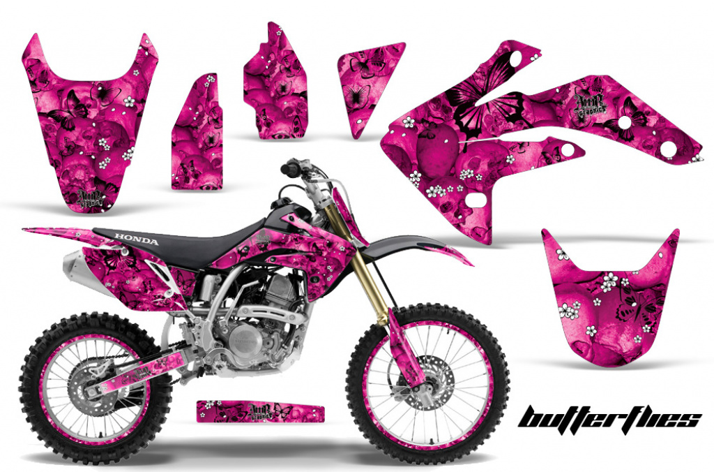 Butterfly Background = Pink, Design color = Black with number plates for Honda CRF150R 2007-2016