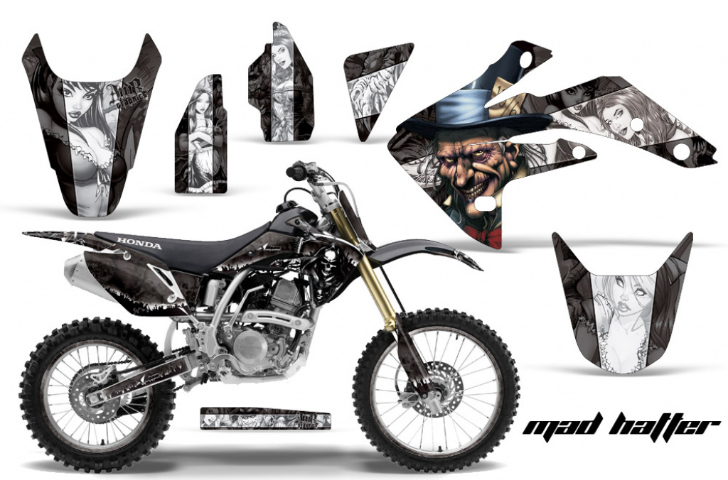 Mad Hatter Background = Black, Design color = White with number plates for Honda CRF150R 2007-2016