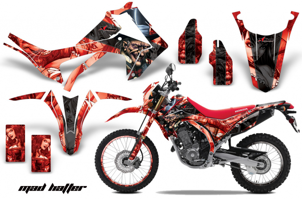 Mad Hatter Hintergrund = Rot, Designfarbe = Schwarz mit Nummernfeldern für Honda CRF250L/CRF250M 2013-2020