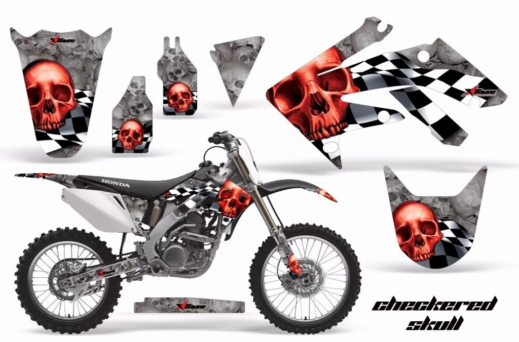 Checkered Skull Background = Silver, Design color = Red without number plates for Honda CRF250R 2004-2009