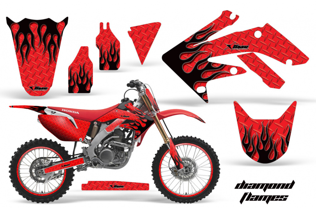 Diamond Flames Background = Red, Design color = Black with number plates for Honda CRF250R 2004-2009