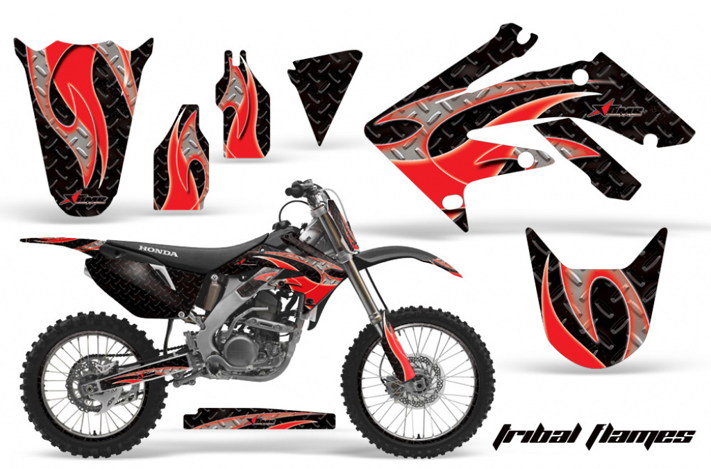 Tribal Flames Background = Black, Design color = Red with number plates for Honda CRF250R 2004-2009
