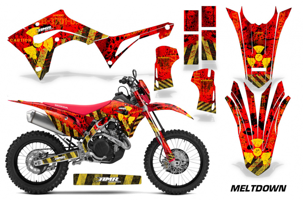 Meltdown Hintergrund = Rot, Designfarbe = Gelb mit Nummernfeldern für Honda CRF450X 2017-2024