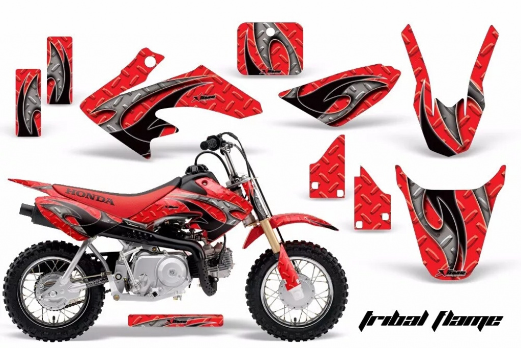 Tribal Flame Background = Red, Design color = Black with number plates for Honda CRF50 2004-2013