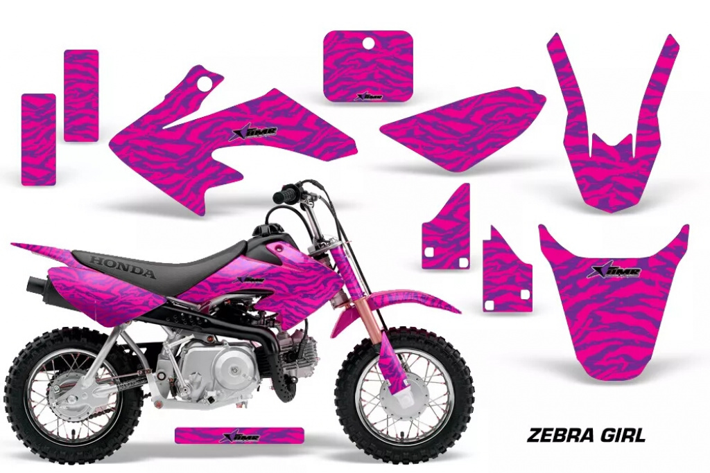 Zebra Girl Background = Blue, Design color = Pink with number plates for Honda CRF50 2004-2013