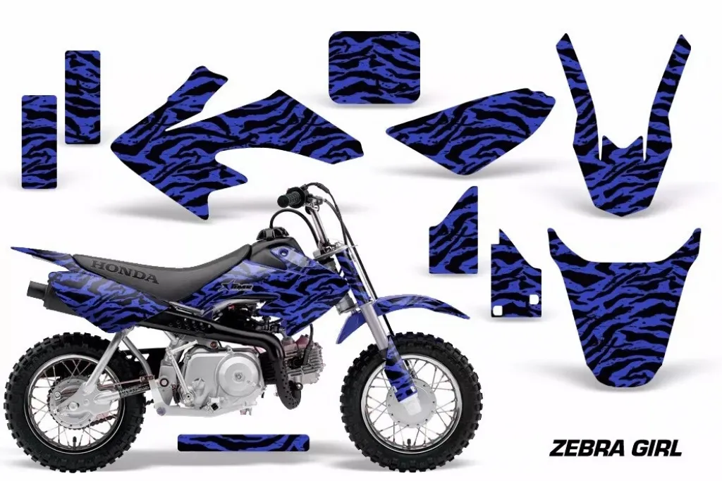 Zebra Girl Background = Black, Design color = Blue with number plates for Honda CRF50 2014-2022
