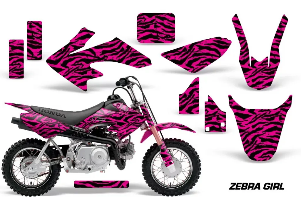 Zebra Girl Background = Black, Design color = Pink with number plates for Honda CRF50 2014-2022