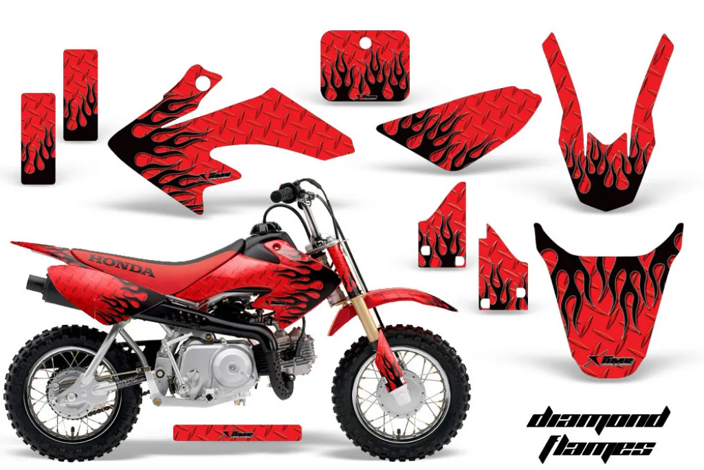 Diamond Flames Background = Red, Design color = Black with number plates for Honda CRF50 2014-2022