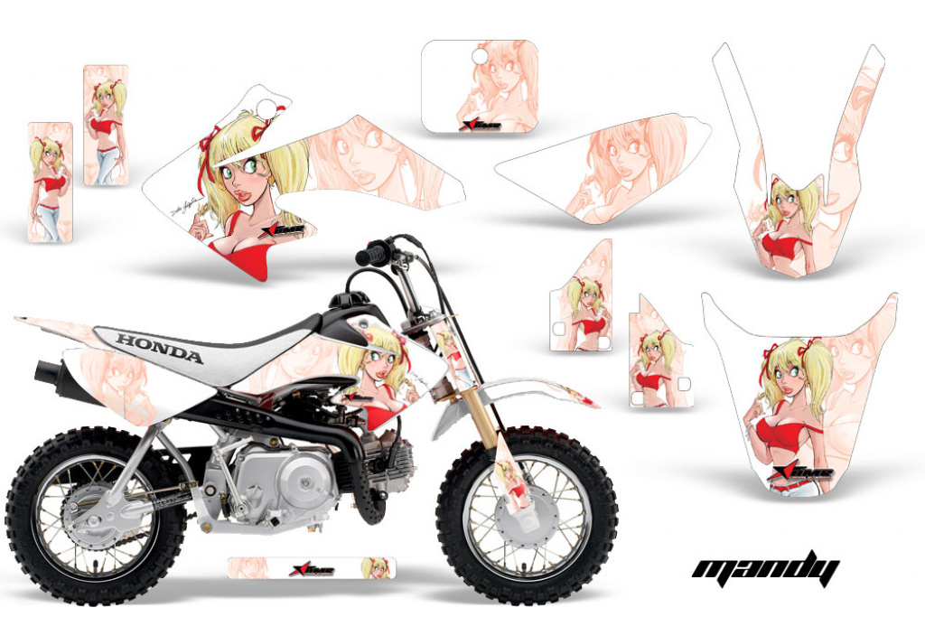Mandy Background = White, Design color = Red with number plates for Honda CRF50 2004-2013