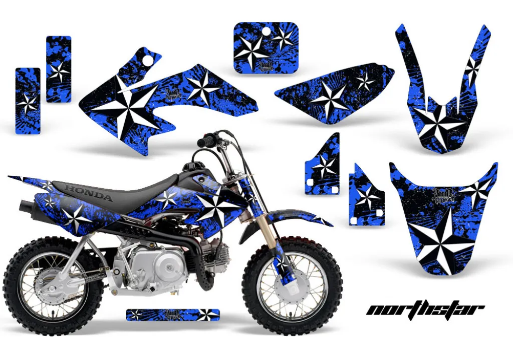 Northstar Background = Blue, Design color = White with number plates for Honda CRF50 2014-2022