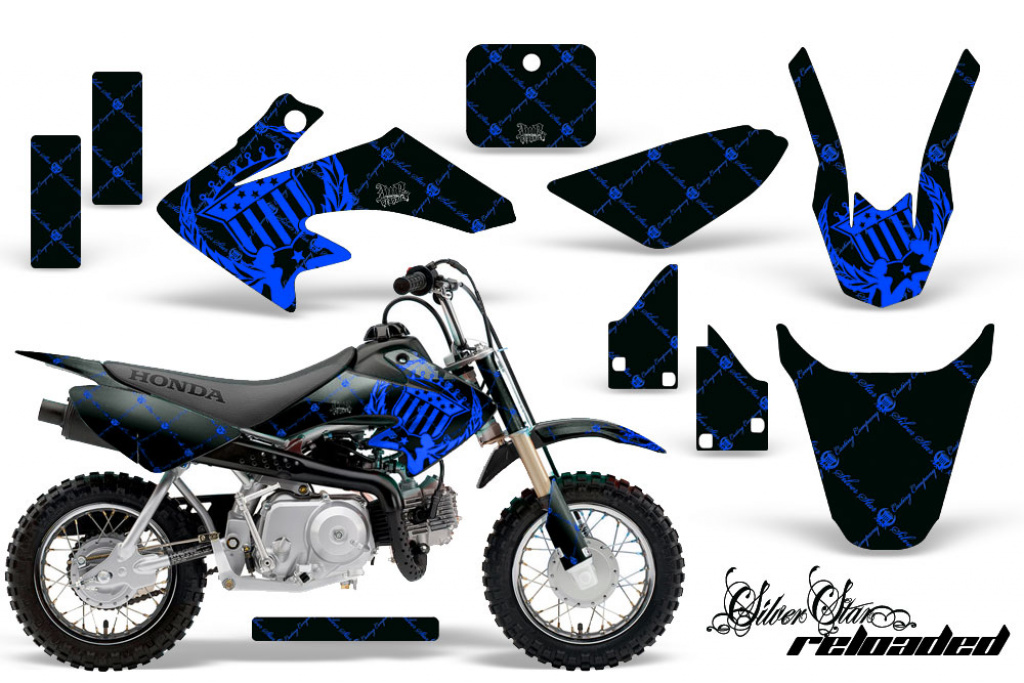 SilverStar - Reloaded Background = Black, Design color = Blue with number plates for Honda CRF50 2004-2013