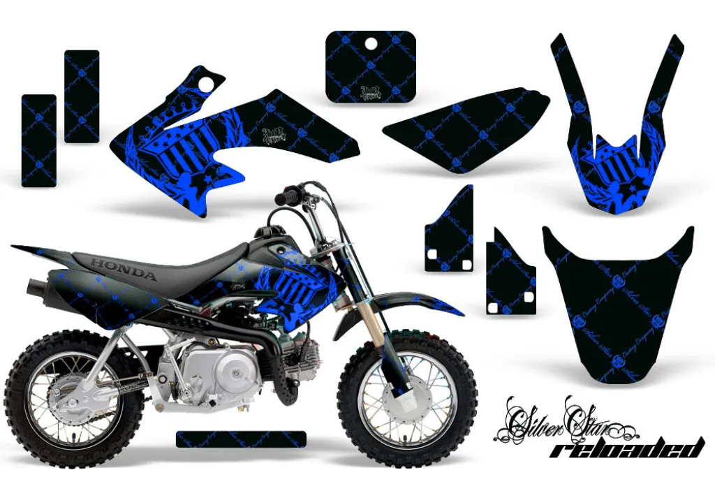 SilverStar - Reloaded Background = Black, Design color = Blue with number plates for Honda CRF50 2014-2022