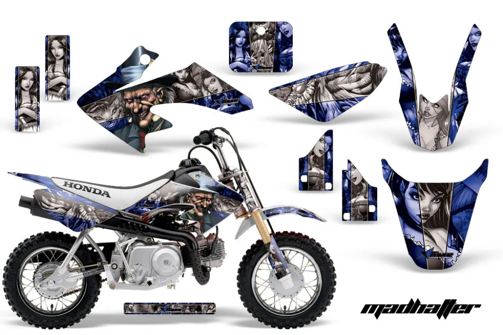 Mad Hatter Background = Blue, Design color = Silver with number plates for Honda CRF50 2014-2022