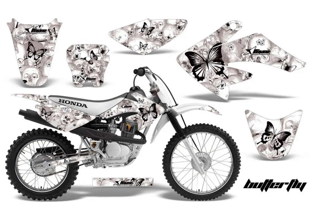 Butterfly Hintergrund = Weiß, Designfarbe = Schwarz mit Nummernfeldern für Honda CRF80/CRF100 2004-2010