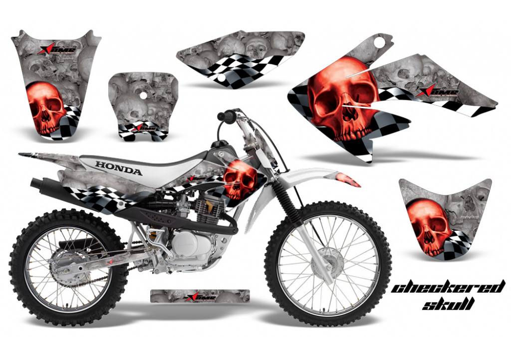 Checkered Skull Background = Silver, Design color = Red with number plates for Honda CRF80/CRF100 2004-2010