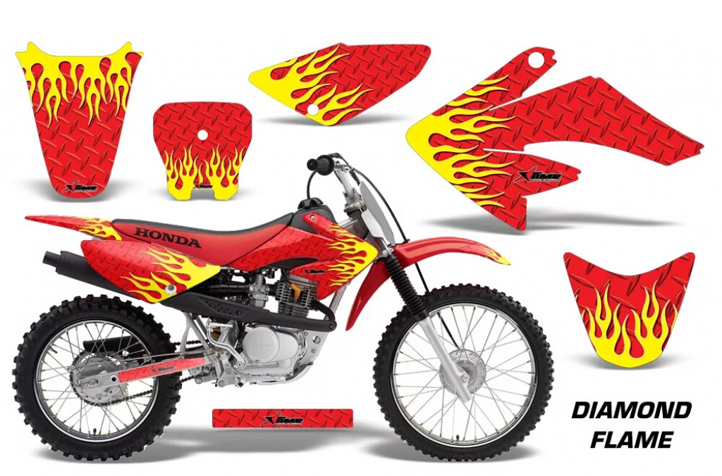 Diamond Flames Background = Red, Design color = Yellow with number plates for Honda CRF80/CRF100 2004-2010