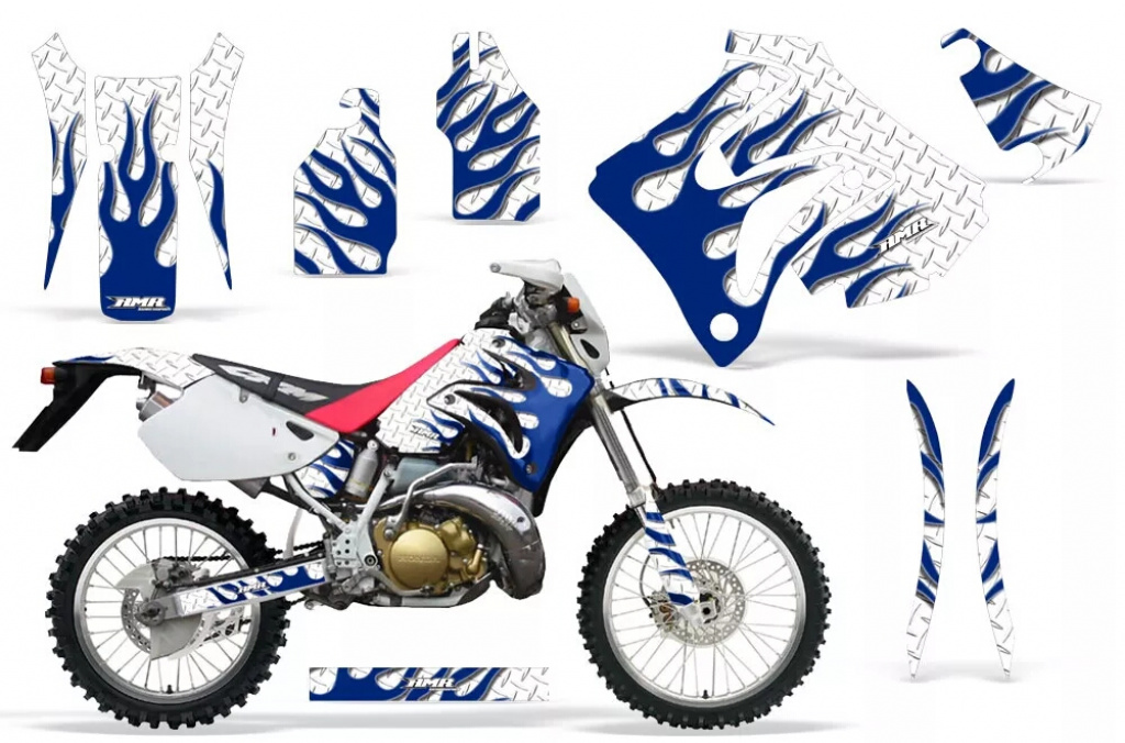 Diamond Flames Hintergrund = Weiß, Designfarbe = Blau ohne Nummernfeldern für Honda CRM 250 AR 1989-1999